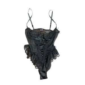 Vtg Fredrick's of Hollywood Women's M Black Sheer Fringe Lingerie Bodysuit EUC